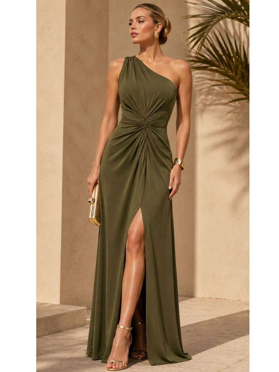 Bridesmaid Dress Guests Promotion Knot Olive Green Fuchsia Black Lilac Terracotta Emerald Royal Red Marsala Navy Without Shine - 深橄欖色 - 查看 1