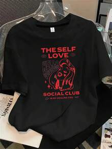 Camisetas de algodón estampadas de moda para mujer, letras en inglés, Navidad, Halloween, lindos patrones de dibujos animados, patrones de flores y otros estampados, telas cómodas, - Negro - Ver 1
