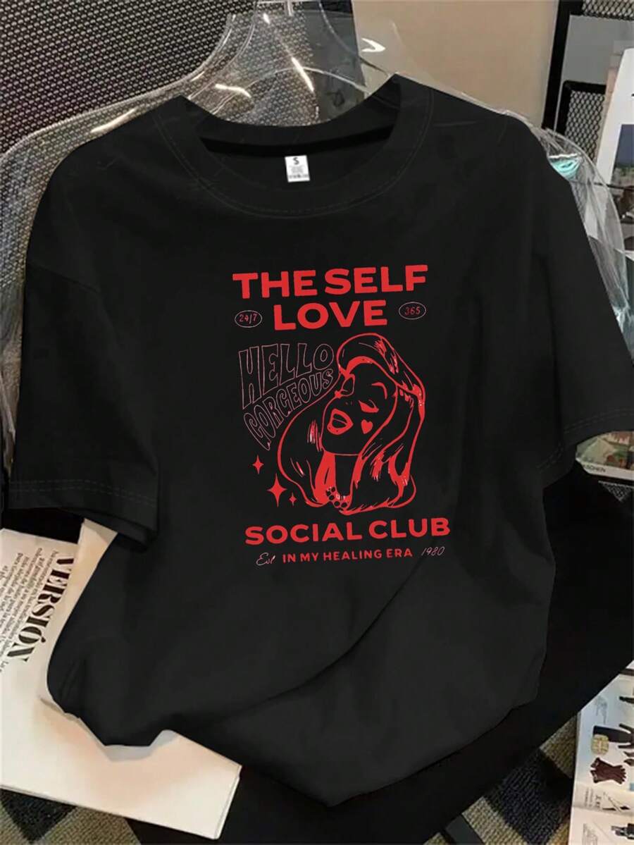 Camisetas de algodón estampadas de moda para mujer, letras en inglés, Navidad, Halloween, lindos patrones de dibujos animados, patrones de flores y otros estampados, telas cómodas, - Negro - Ver 1