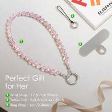 SURPHY Phone Charm, Pearl Phone Charms with Tether Tab and Premium Metal Buckle, Cellphone Lanyard Beaded Bracelets for Women, Cellphone Chain Wrist Strap - B-Cristales Rosados - Ver 3