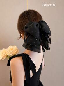 topshiny Elegant Black Wide Layered Ruffle Bow Hair Clip, Hair Accessory For Women - Black - View 8