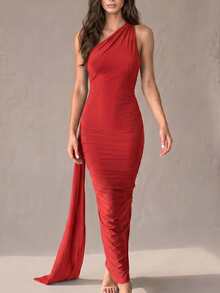 Women's Sexy Solid Color One Shoulder Backless Fishtail Hem Mini Dress, Summer Party Elegant Red - Red - View 2
