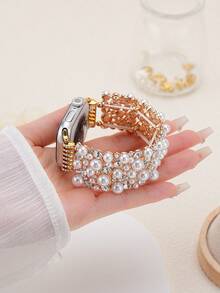 1pc Women/Girls Fashion Unique Faux Pearl Full Rhinestone Elastic Watch Band, Compatible With Apple Watch Series 11 10 9 8 7 6 5 4 3 2 1 And Ultra 1/2/3 SE Series (Applicable Sizes: 38mm 40mm 41mm 42mm 44mm 45mm 46mm 49mm). Exquisite Wristband Replacement Accessory, Perfect Gift For Girlfriend, Friends And Family, Suitable For Valentine's Day, Birthday And Mother's Day (Band Only). - Gold - View 5