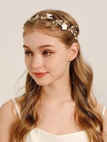 1pc Handmade Floral Bridal Hair Accessory With White Flowers And Gold Leaves, Adjustable Ribbon Wedding Headpiece Suitable For Brides And Bridesmaids, Bohemian Style Pearl Hair Accessory Suitable For Parties - Gold - View 2