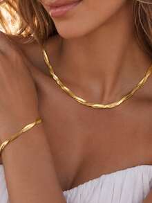 2pcs/Set 18k Gold Plated Women's Niche Design Clavicle Chain Double Strand Braided Stainless Steel Bracelet & Necklace Set, Suitable For Daily Wear/Souvenir/Gift For Friends & Family/Vacation/Mother's Day/Valentine's Day/Christmas - Gold - View 6