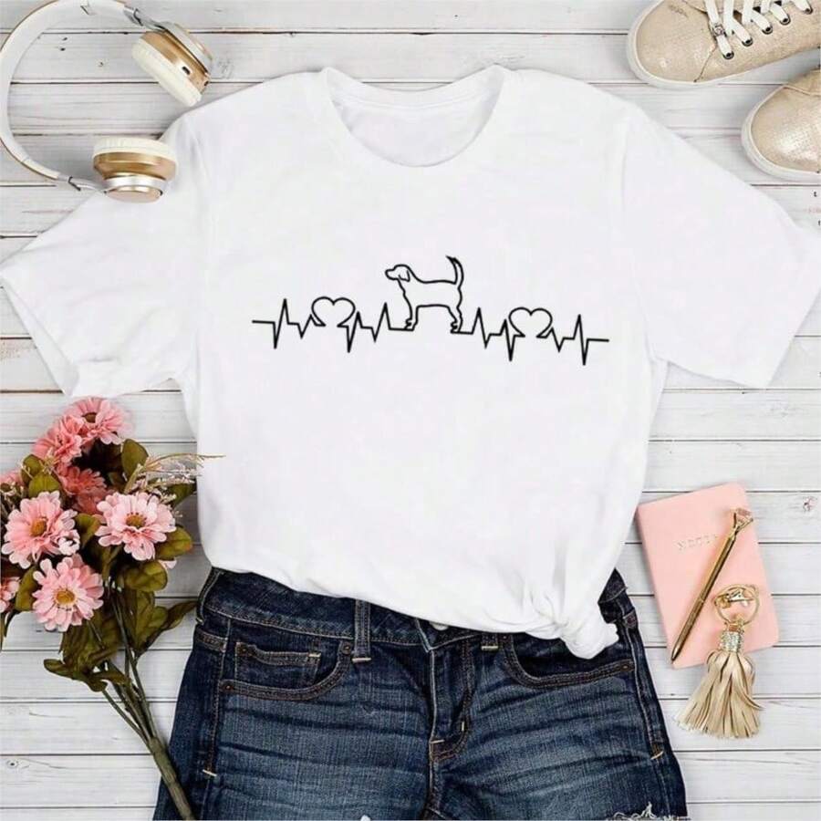 2026 Women's Quality Casual Cotton T-Shirt, Women's T-Shirts With Cartoon And Wine Print, Fun And Fashionable Clothes For Spring Summer, Elegant Women's T-Shirt, Printed T-Shirt For Girls, Unisex Basic T-Shirt - 白色 9 - 查看 1