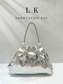 1pc Women's Silver Metallic PU Leather Shoulder Bag, Elegant Pleated Handbag With Floral And Pearl Decoration, Suitable For Weddings, Parties And Balls - Multicolor - View 1