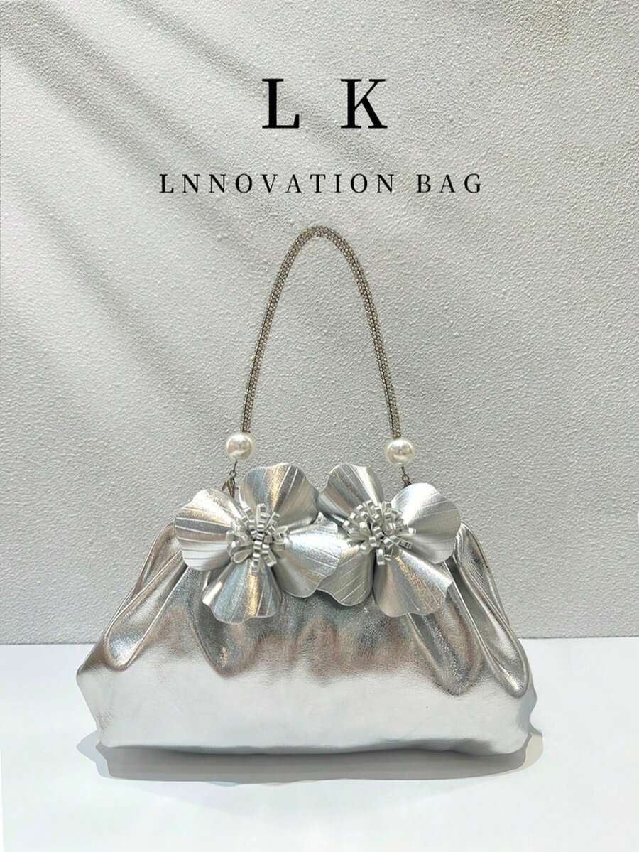 1pc Women's Silver Metallic PU Leather Shoulder Bag, Elegant Pleated Handbag With Floral And Pearl Decoration, Suitable For Weddings, Parties And Balls - Multicolor - View 1