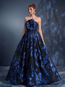 Women's Elegant 3D Floral Decor Strapless High Waist Maxi Evening Dress Wedding Party - Navy Blue - View 10