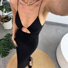 Yunuo Menswear Vestido largo de tirantes con diseño calado de unicolor para mujer - Marrón - Ver 6