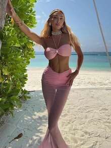 2026 Summer New Women's Pink Solid Color Halter Neck Tie Sexy Bikini Two-Piece Swimsuit Set With Long Sheer Skirt, Suitable For Holiday Travel, Beach Vacation, Outings - Baby Pink - View 2