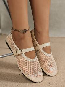 Spring/Summer Diamond Lattice Fashion Cut-Out Mary Jane Outdoor Shoes - Beige - View 14