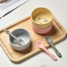 Baby Silicone Feeding Bowl With Spoon Cute Pattern Infant Tableware Yellow Pink Optional Baby Eating Bowl Set - 彩色 - 查看 4