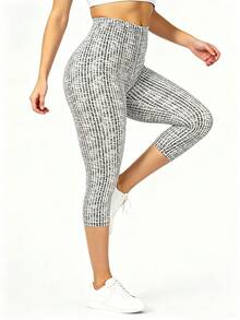 女款春夏格紋條紋印花白色緊身褲，時尚優雅百搭休閒高彈力提臀七分褲，適合運動、健身、瑜珈、跑步、戶外、旅行、度假、散步 - 黑與白 - 查看 4