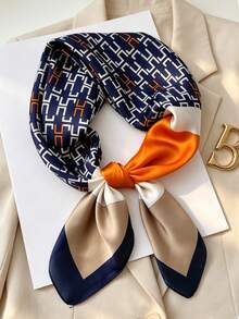 1pc Silky Satin Square Scarf Orange Blue Color Block Greek Key Pattern Bandana Neckerchief Elegant French Style Hair Scarf For Office Daily Wear - Multicolor - View 2