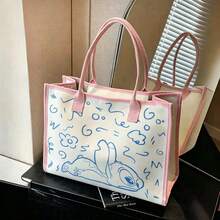 Miniso 迪士尼史迪奇藍色線條藝術滿版帆布托特包，可愛塗鴉印花單肩手提包，大容量休閒日常包，適用於上學、購物、旅行 - 白色 - 查看 4