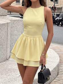 Women's Solid Color Backless Fitted Christmas Dress - Yellow - View 10