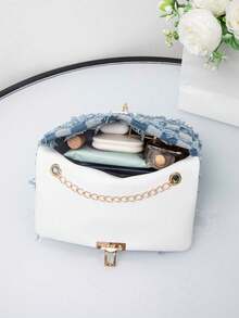 Women's Colorful Contrast Woven Fabric Magnetic Closure Small Square Crossbody Bag - Black - View 2