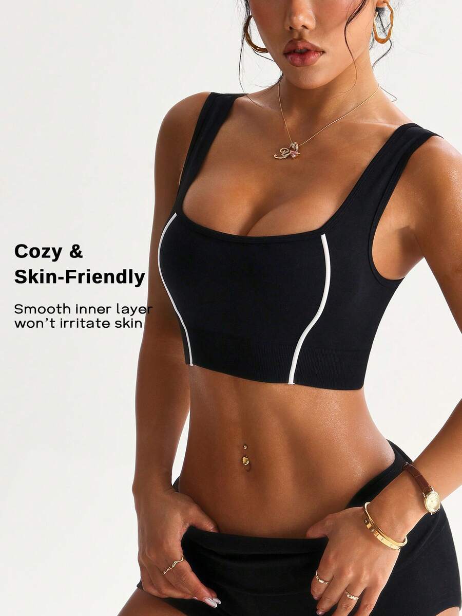 Women's Open Back Crop Tank Top Contrast Trim High Neck Ribbed Sleeveless Workout Sports Top For Gym Yoga Daily - Black - View 1
