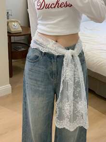 1 pieza Fajín de cintura elegante para mujer con bordado floral de cuentas, ligero con ribete de encaje transparente ondulado, bufanda bordada vintage, chal de lujo estilo bohemio, decoración de cintura elegante para mujer, capa de vacaciones, fiesta de vacaciones, uso diario, también se puede usar como decoración de bolso - Blanco - VE169 - Ver 2