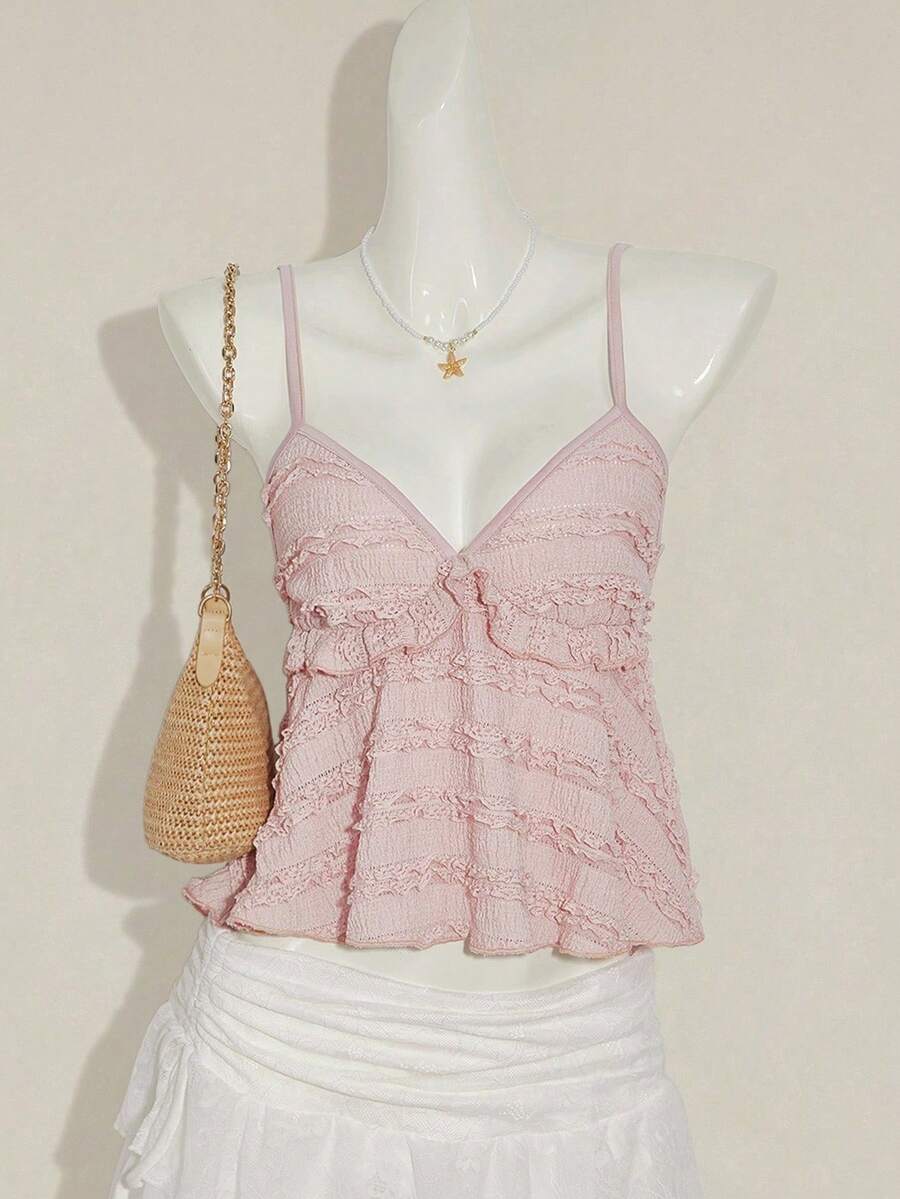 Blusa de tirantes de mujer con volantes de tela texturizada de unicolor para el verano y vacaciones - polvo de naranja - Ver 1