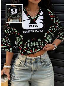 FIFA Mexico 26 Cup Symmetrical Holiday Print Women's Short-Sleeve V-Neck Top, Made Of Breathable Fabric, Available In Various Sizes And Mixed Colors, Perfect For Everyday Casual Wear And Outdoor Activities. - Màu hỗn hợp - Xem 13