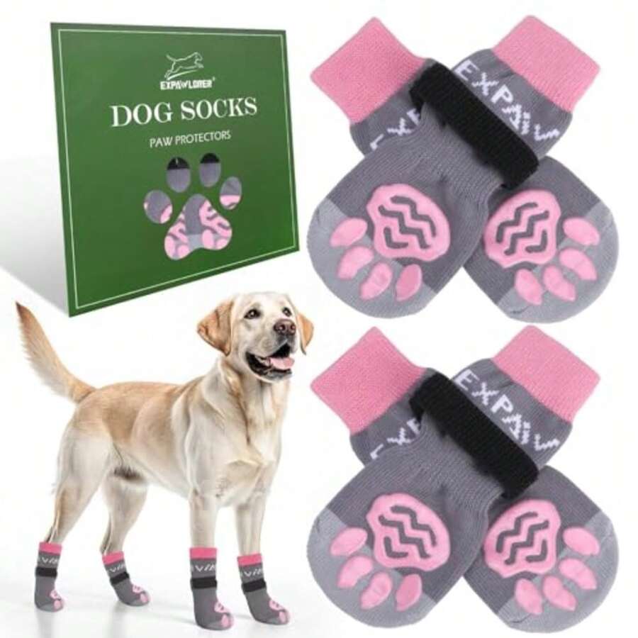 Dog Socks To Prevent Licking Paws, Dog Shoes For Hot Pavement, Non Slip Dog Booties For Hardwood Floors, Dog Boots And Paw Protectors For Small Medium Lar Senior Dogs Grey Pink S - Small - View 1