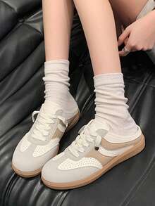 Women's Fashion Slip-On Shoes, Solid Color Sports Lace-Up Metal Eyelet Casual Flat Loafers For Daily Wear - Khaki - View 4