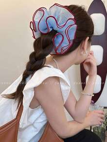 1件女款淺藍色歐根紗壓褶大號髮圈，春夏森系風格，適用於高馬尾、通勤與約會穿搭，彈性橡皮筋髮帶 - 淺藍色 - 查看 2