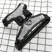 1pc Reflective Pink Korean Velvet Rhinestone Dog Harness, Adjustable Size, Breathable In Red & Black - Black - View 4