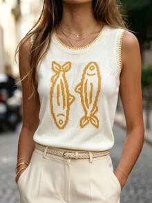 Women's Casual Vacation Fish Pattern Colorblock Sleeveless Knit Tank Top, Spring/Summer - Yellowish-white - View 7