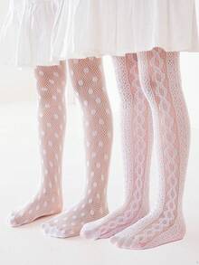 2 Pairs Girls' White Lace Mesh Tights, Multi-Purpose - White - View 8