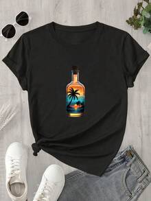 Un bolso de mujer de cuello redondo y manga corta con estampado de palmeras datileras, ideal para todas las estaciones. - Negro - Ver 1
