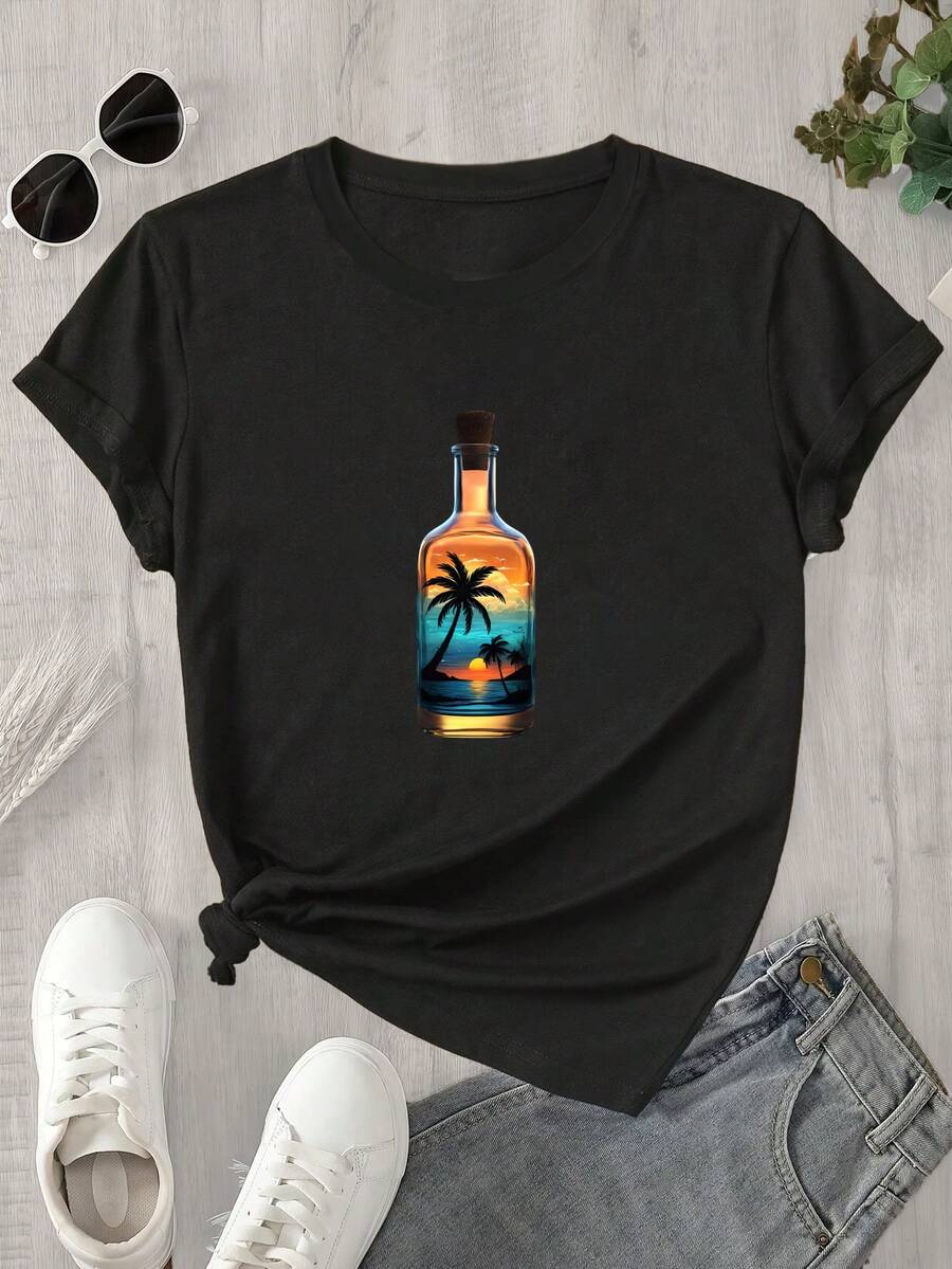Un bolso de mujer de cuello redondo y manga corta con estampado de palmeras datileras, ideal para todas las estaciones. - Negro - Ver 1