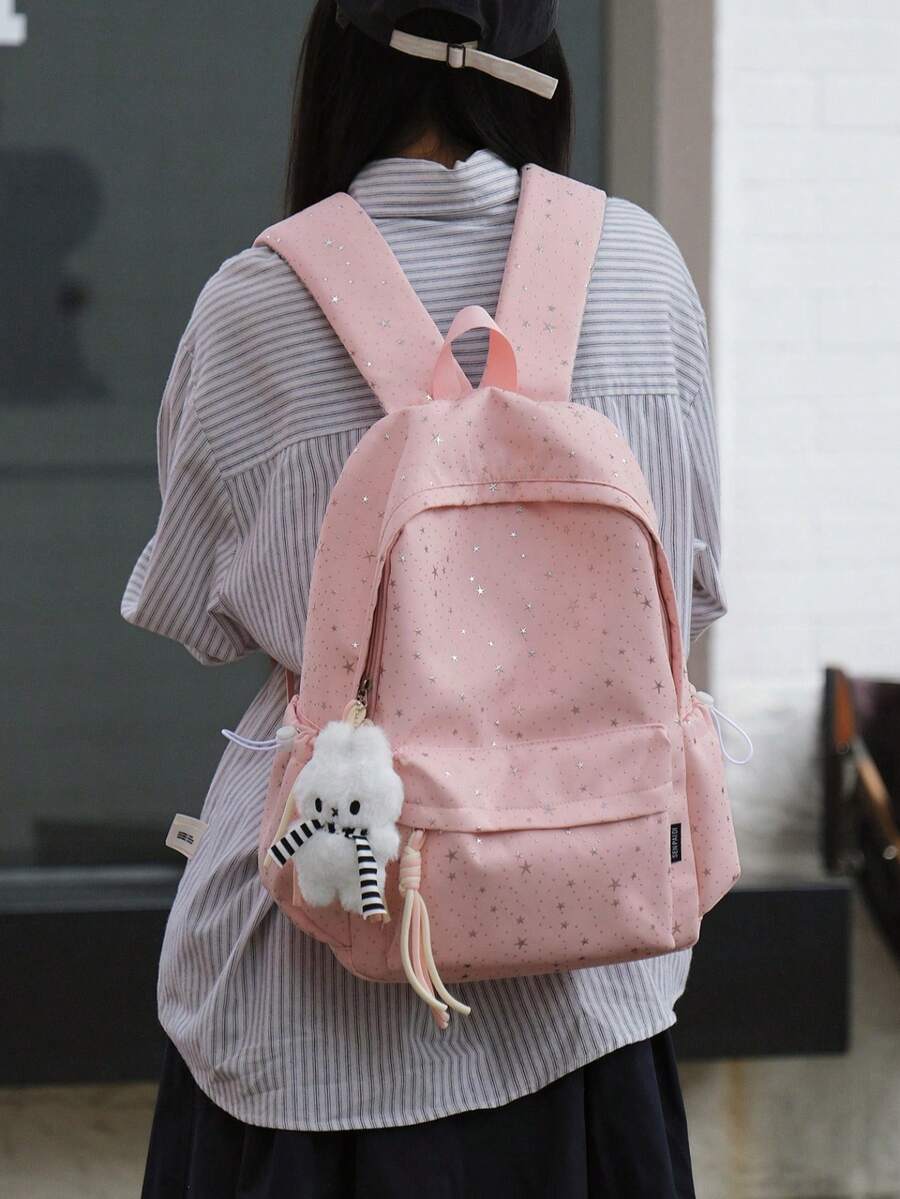 1pc Girls Star Nylon Zipper Closure Exquisite Backpack Student School Bag Suitable For All Seasons Daily Use Without Pendant