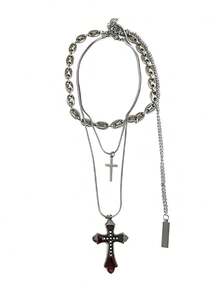 1pc Fashionable Cross Geometric Hip-Hop Style Metal Material Silver Men's Multi-Layer Necklace Suitable For Outdoor Party Wear Accessory - Multicolor - View 3