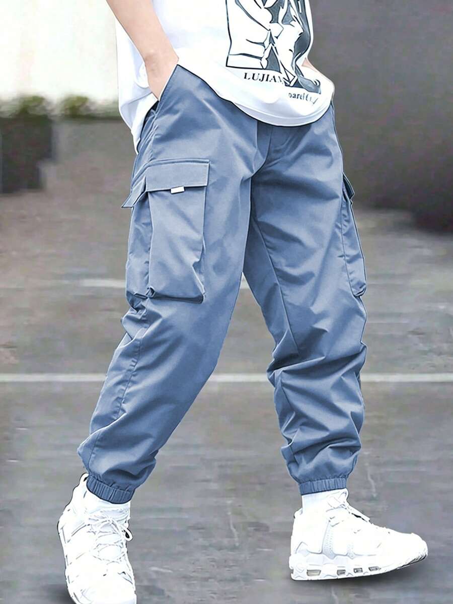 1件男童青少年戶外運動多口袋休閒工裝長褲,春夏秋冬四季適用 - 霧霾藍 - 查看 1