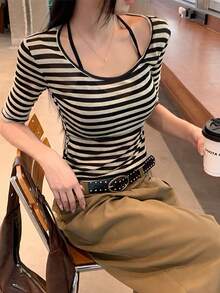 Breathable Short Sleeve T-Shirt Women 2026 New Summer Regular Shoulder Striped Design Unique Beautiful Cropped Top Casual - Apricot Black Stripes - View 4