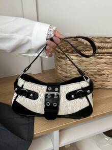 1pc Women's Versatile Straw Woven Underarm Bag Summer Fashion Backpack Shoulder Crossbody Bag - Black - View 1