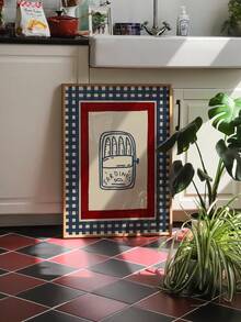 1 pieza Decoración de arte de pared en lienzo, cuadro colgante enmarcado, póster vintage de lata de sardinas a cuadros, patrón retro azul marino y rojo a cuadros, diseño de pez pintado a mano, decoración de cocina única, póster de sardinas estilo costero minimalista, obra de arte con tema de comida náutica, borde a cuadros azul y rojo llamativo - A - Ver 7
