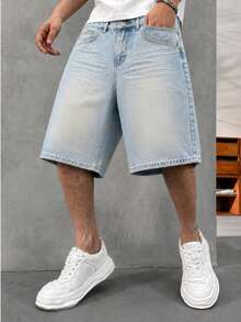 男士淺色水洗寬鬆大腿寬牛仔短褲 Jorts，復古膝長街頭風牛仔短褲，適合夏季 - 淺藍色 - 查看 7