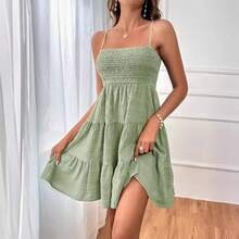 Minivestido con corpiño ahumado y tirantes finos para mujer, vestido azul con volantes escalonados, ropa informal de verano para vacaciones y playa - Verde - Ver 8