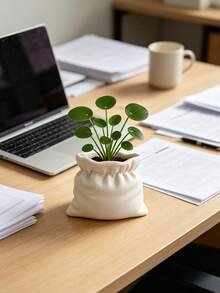 Cute Flower Pot, Succulent Plant Pot, Minimalist White Linen Bag Design Vase, Indoor Decor Flower Pot, Desktop Storage Box, Home And Office Decoration, Gift For Plant Lovers - A - View 7