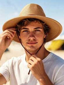 Men's Summer Straw Sun Hat Wide Brim Panama Straw Hat Beach Hat With Windproof Rope - Straw Hat - View 8