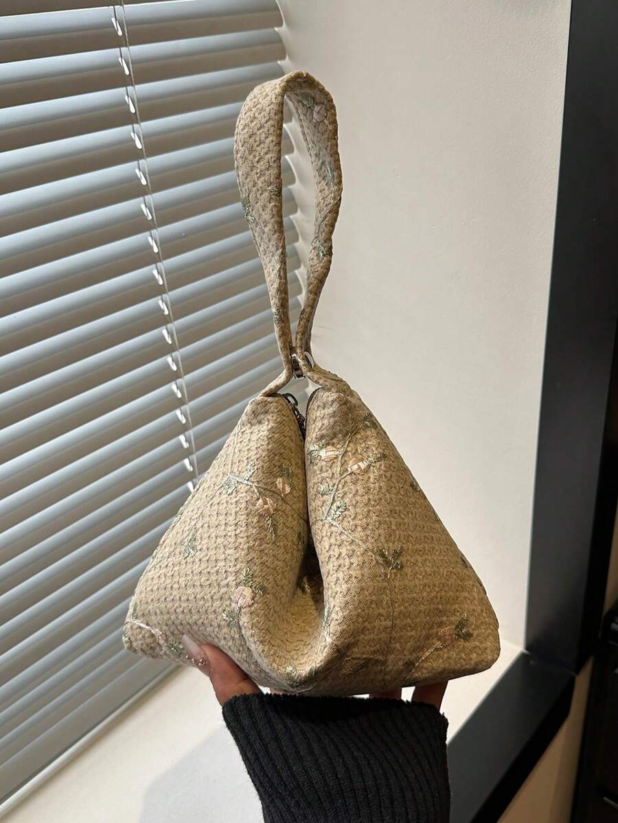 1個拉鍊開口新款草編手腕包，花卉印花，歐美風，個性創意設計手機包、單肩包、腋下晚宴包，適合女性派對、晚宴、約會、海灘、度假、購物、出遊，編織包、手提包、單肩包