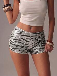 Summer Women's Casual Shorts, Sequin Embroidered Contrast Color Pattern, Leopard Print Sexy Versatile Shorts - Black and White - View 5