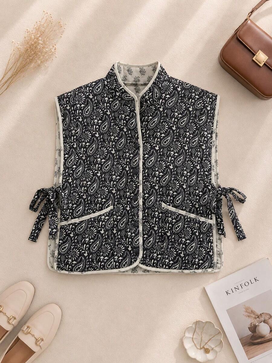 Women's Reversible Cashew Print Padded Vest Jacket - Black - View 1