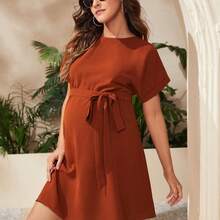 Maternidad Vestido con cinturón de manga murciélago - Rosa - Ver 4