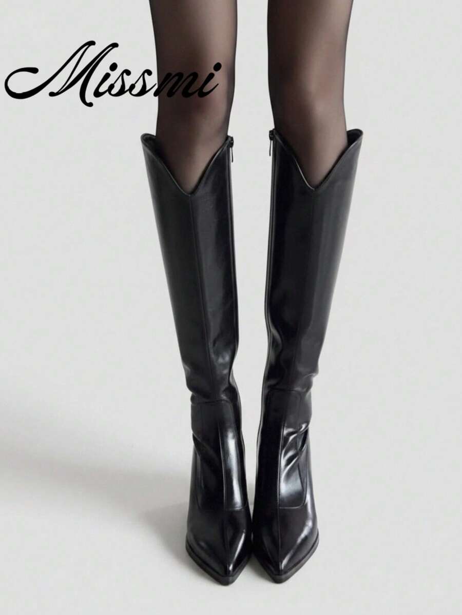 Ideal With Tops,2024 Autumn New Women Chunky Heel Black Boots, V-Notch Design Long Boots, Short Rider Style Boots, Versatile,Party