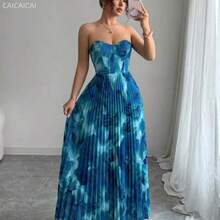 yonghongmaoyi1  Vestido plisado de impresión completa con cintura ajustada tipo bandeau - Blue Power - Ver 1